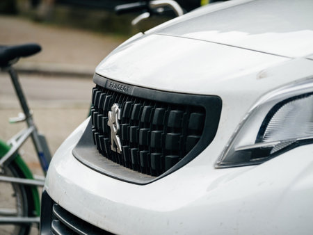 Chrome lion logotype of the Peugeot car brand on a white vanのeditorial素材