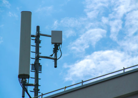5g 6g LTe antennas on the pole with the blue color sky on the ba