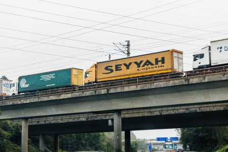 Seyyah Logistics truck cargo waiting with others trucks on a briのeditorial素材