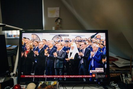 Russian President Vladimir Putin speaks during his annual meeting with the Federal Assemblyのeditorial素材