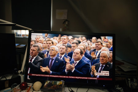 Russian President Vladimir Putin speaks during his annual meeting with the Federal Assemblyのeditorial素材