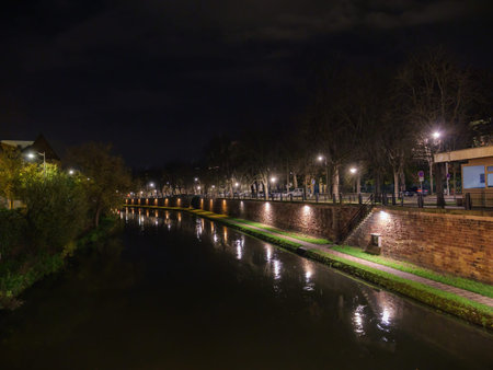 Illuminated Urban Scene in Strasbourgの写真素材