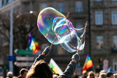 Fragile Festivity: Blowing Multi-Colored Bubbles.の写真素材
