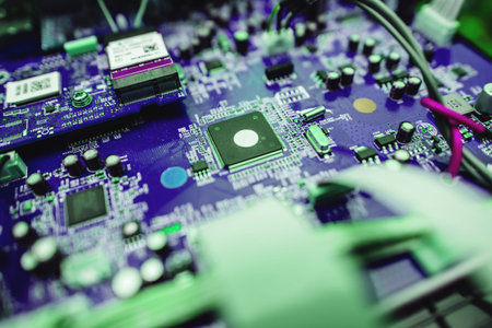 Close-up macro shot of capacitors and transistors on a green boa