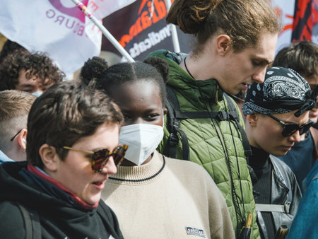 Group of Multiethnic Protesters Unite for French Pension Reformのeditorial素材