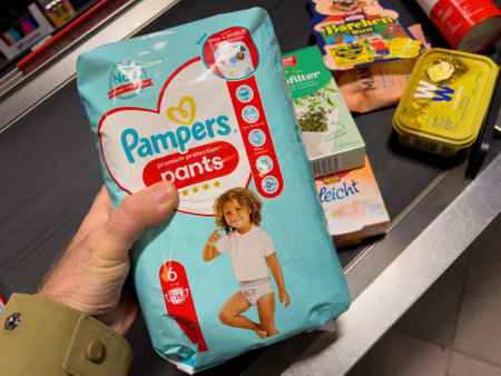 Man Purchasing Diapers at Supermarket Counter.のeditorial素材