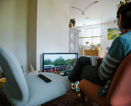 Woman Celebrates Coronation of Charles Iii Camilla as King andのeditorial素材