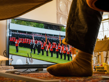 Woman Watching as Coldstream Guards Salute Charles Iii and Camilのeditorial素材