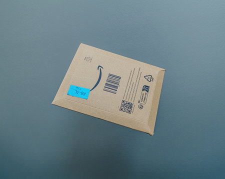 Levitating Amazon Prime Parcel in Gray Studio.のeditorial素材