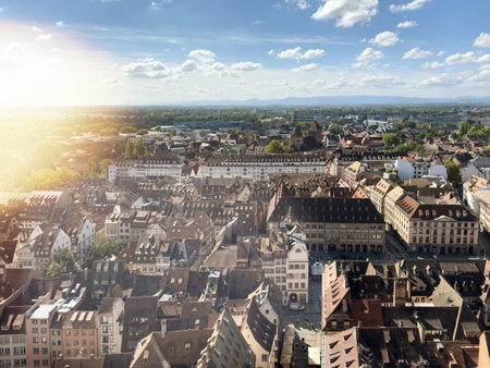 Aerial cityscape of strasbourg against cloudy skyの写真素材