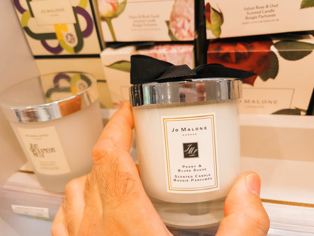 Jo Malone Peone and Blush Suede Scented candle luxury shopping in perfume store - buy a gift