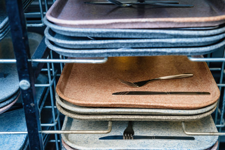 Efficient tray return system at a self-service restaurantの写真素材