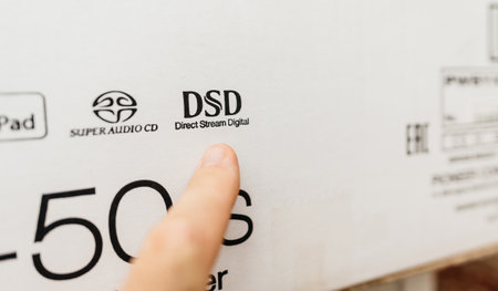 Male hand pointing to the DSD Direct Stream Digital logotypeのeditorial素材