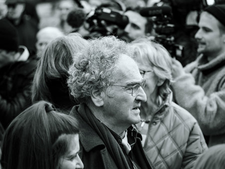 Monochrome portrait of Swiss senior male peacefully protestのeditorial素材