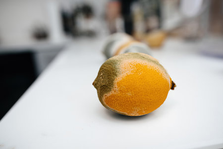A moldy yellow lemon sits on a luxurious marble kitchen counter, showing signs of decay and contrast against the elegant backdropの写真素材