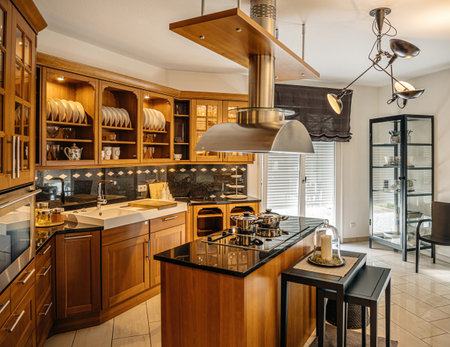 Well-appointed cozy kitchen with contemporary lighting and wood cabinetry, exuding warmth and functionality in its design.の写真素材