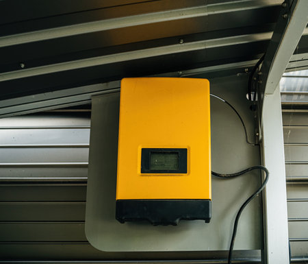 Industrial yellow solar power inverter installed on a metal wall.の写真素材