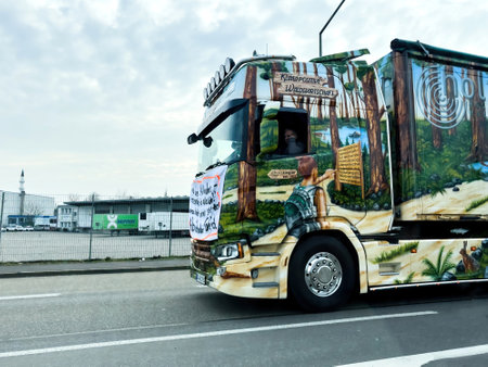 Kehl, Germany - trucks and tractkro down roads in German city in protest against greener farming policies - painted truck wiht a calcardのeditorial素材