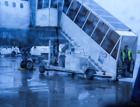 Frankfurt, Germany - May 4, 2019:Rain-splattered window captures airport crew and equipment beside...