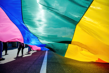 People holding a vibrant rainbow flag at a pride parade, with sunlight casting beautiful shadows and highlighting the fabrics colors on the pavement belowの写真素材