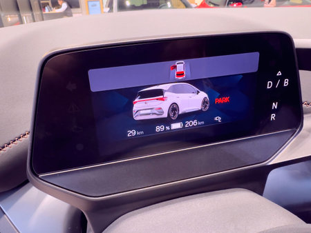 Paris, France - Feb 7, 2024: A Seat Cupra car dashboard displays the battery capacity at 89 percent...