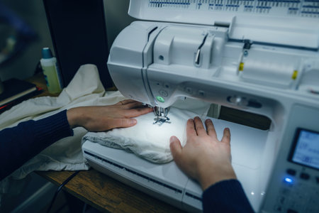 A close-up view of female hands operating a modern sewing machine, demonstrating the precision required for stitching fabricの写真素材