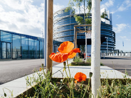 Bright red poppies in bloom at the foreground with the European Parliament building in Strasbourg in...