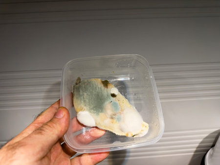 A male hand holds a piece of chicken meat covered with mold inside a plastic container, emphasizing the concept of spoiled food and the importance of waste managementの写真素材