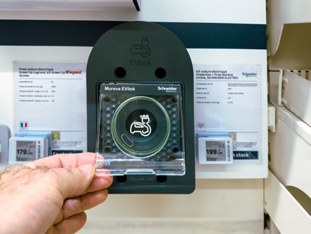 Paris, France - Apr 24, 2024: A hand holding a Schneider Electric Mureva EVlink charging station cover, showcasing the design and functionality of modern electric vehicle charging solutions, with product information visibleのeditorial素材