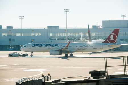 Basel, Switzerland - Oct 2, 2015: Turkish Airlines Airbus a321 TC-JSH aircraft being towed on the...