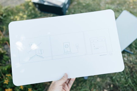Germany - Apr 21, 2024: Illustration showing the setup instructions for a Starlink satellite internet antenna, highlighting the positioning, connectivity, and app setup for optimal performance, placed outdoors on grassのeditorial素材