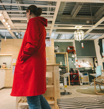 Paris, France - Jul 12, 2024: Single woman in a red coat walking inside an IKEA furniture store, looking for home decorations and furnishings for her houseのeditorial素材
