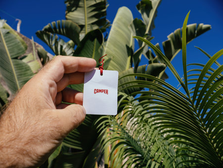 Palma, Spain - Jul 11, 2024: A male hand holds a tag for new Camper shoes in the palm of his hand, set against a lush banana forest backdrop, emphasizing a vibrant and exotic environmentのeditorial素材