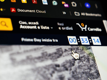 London, UK - Jul 15, 2024: The Amazon Italy website countdown shows Prime Day starting in 33 minutes and 14 seconds, creating anticipation for the global shopping eventのeditorial素材
