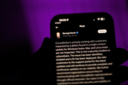 Paris, France - Jul 20, 2024: Tilt-shift lens used - George Kurtz, CEO of CrowdStrike, updates on the IT outage caused by a Windows content update. He emphasizes that the issue is not a security incident and assures that a fix has been deployedのeditorial素材