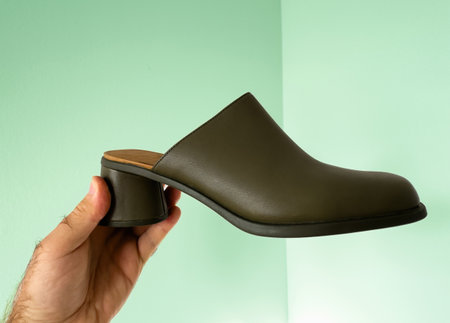 An elegant leather womens shoe held in a hand against a white abstract background, emphasizing the shoes quality and stylish designの写真素材