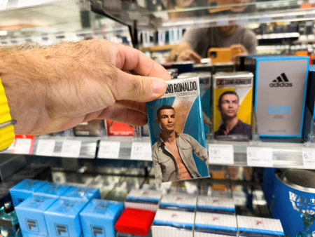 Frankfurt, Germany - Aug 23, 2024: POV of a male hand shopping for Cristiano Ronaldo perfume, capturing the moment of selecting a signature fragrance from the popular athletes collectionのeditorial素材