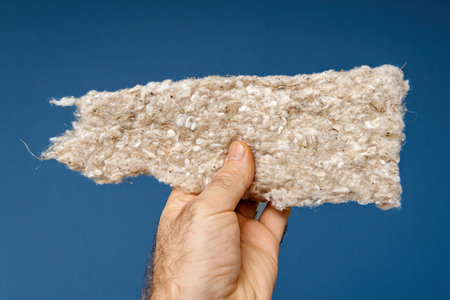 A male hand holds bio-sourced thermal and acoustic insulation made from hemp against a blue background, highlighting its eco-friendly and excellent insulating propertiesの写真素材