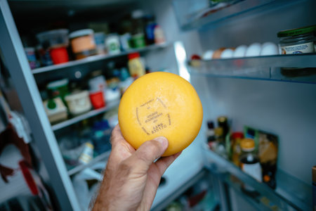 Alkmaar, Netherlands - Sep 1, 2024: A hand holds a round of traditional Gouda cheese from Alkmaar in front of an open refrigerator, showcasing Dutch dairy and a well-stocked fridgeのeditorial素材