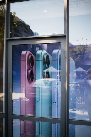 Paris, France - Sep 20, 2024: The Apple iPhone 16 and 16 Pro launch is showcased in the Apple Store,...