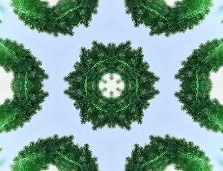 Abstract symmetrical pattern of green wreaths arranged in a kaleidoscope effect, symbolizing nature...
