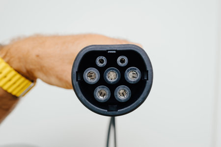 Close-up of a male hand holding an electric vehicle charging plug, showing the connector pins against a plain background.の写真素材