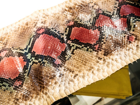 A close-up of a snake skin leather piece displaying bold, intricate red and black patterns, used for luxury fashion or crafting leather goodsの写真素材