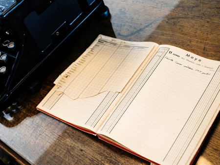 A vintage ledger book with torn pages, open on a wooden desk, used for recording entries, evoking a classic office setting with handwritten documentationの写真素材