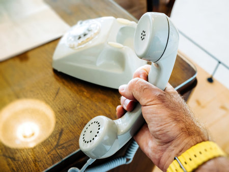 A person holds a vintage white rotary telephone handset, evoking retro communication methods, with...