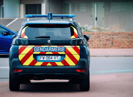 Hardelot, France - Aug 18, 2023: Rear view of a French Gendarmerie Peugeot vehicle with...