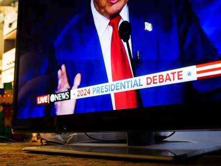 Paris, France - Sep 11, 2024: A lone television in a quiet living room displays Donald Trump s raised hand and the headline 2024 Presidential Debate during a political broadcast, with no viewers presentのeditorial素材