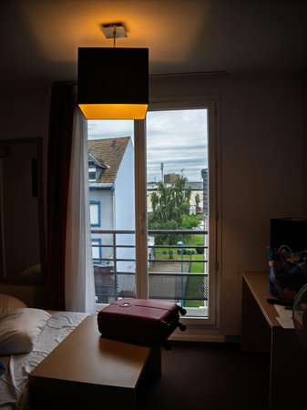 Cozy hotel room with a window view, dim lighting, a red suitcase on a table, and an urban landscape outside, capturing a peaceful ambiance.の写真素材