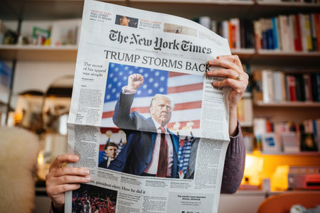 Paris, France - Nov 7, 2024: Woman reading The New York Times in a cozy living room, with front-page...