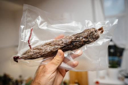 Close-up of a hand holding a vacuum-sealed French sausage in transparent packaging, showcasing...